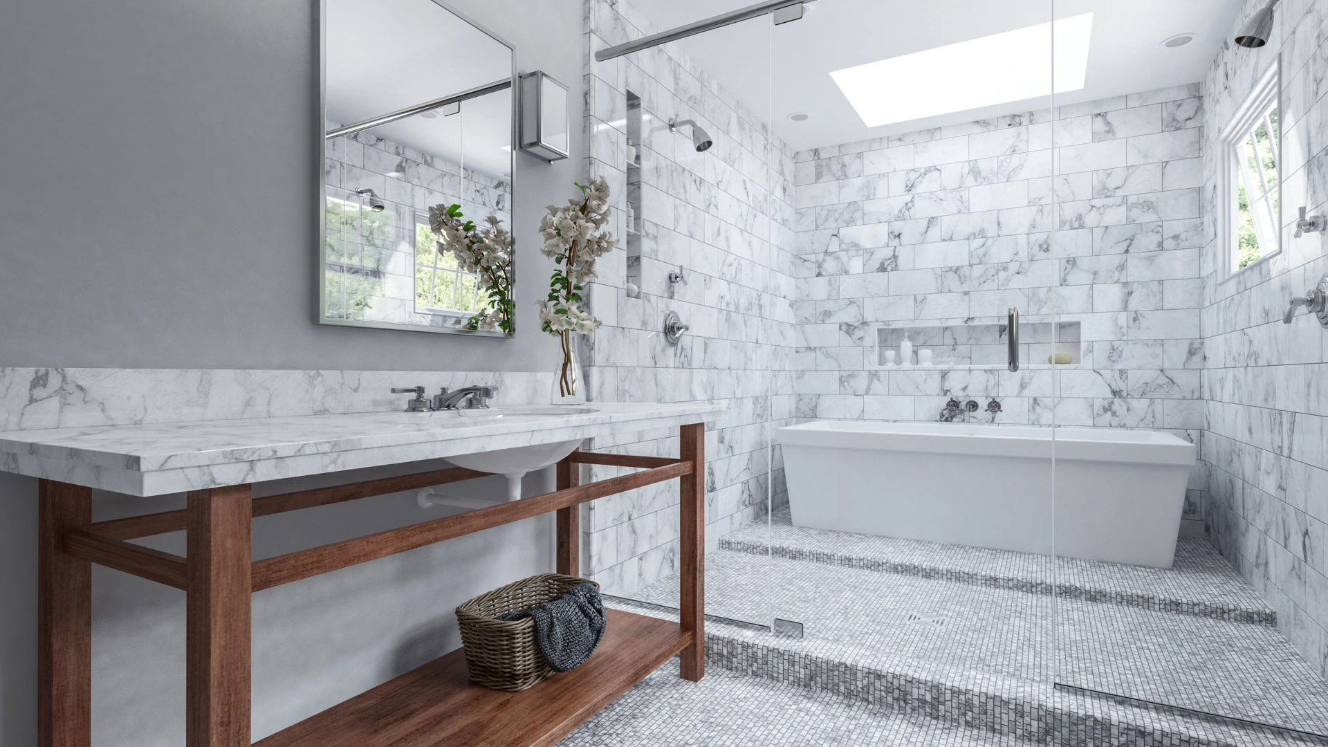 simple white and grey marble bathroom remodel
